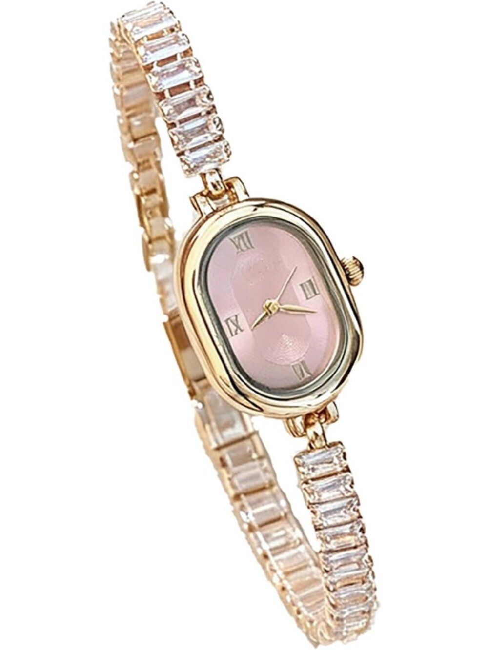 Women's Gold Powder Oval Dial Quartz Sparkling Crystal Bracelet Wrist Watches